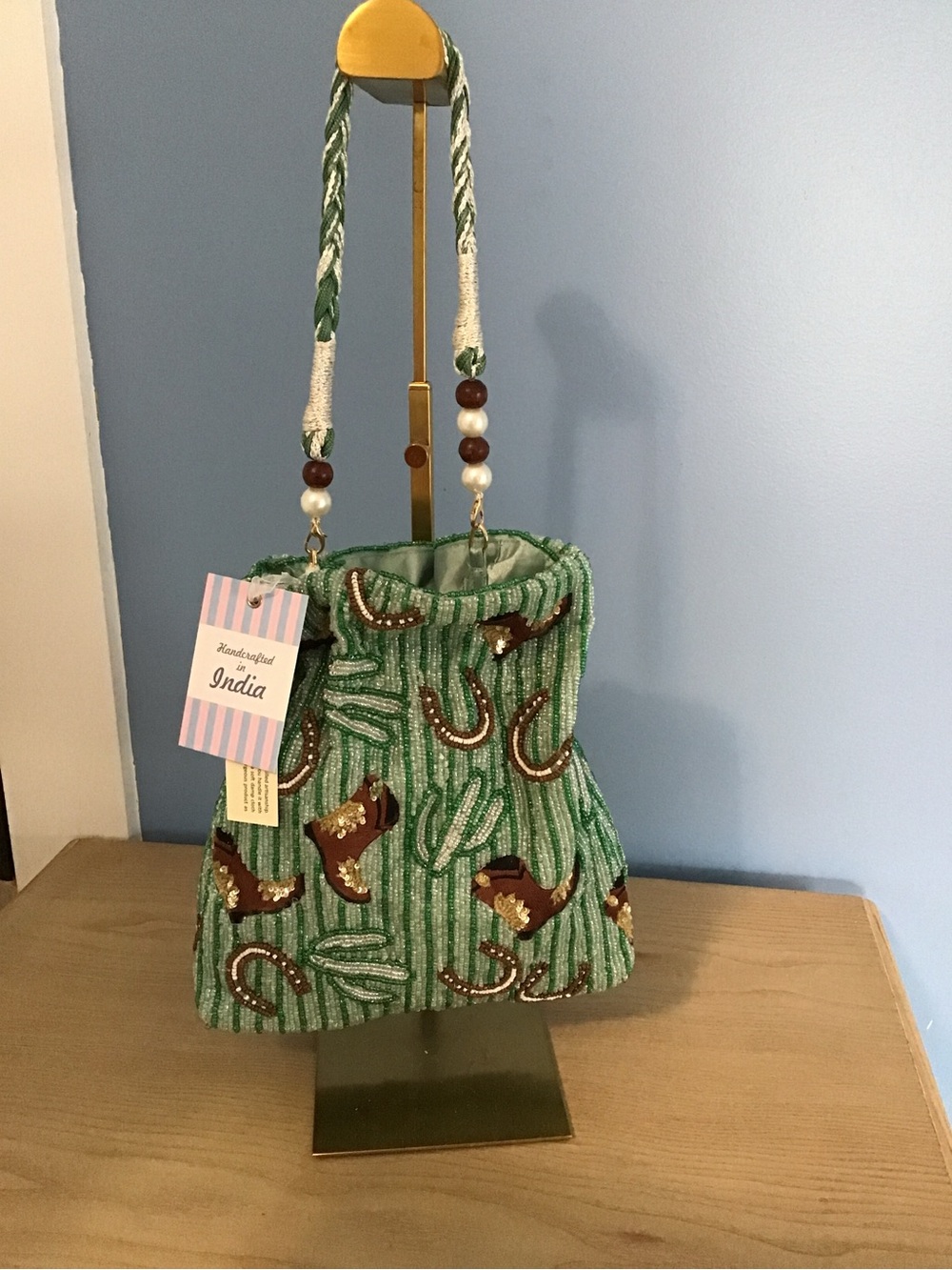 New Green Beaded Mini Bucket Bag with Western Embroidery
